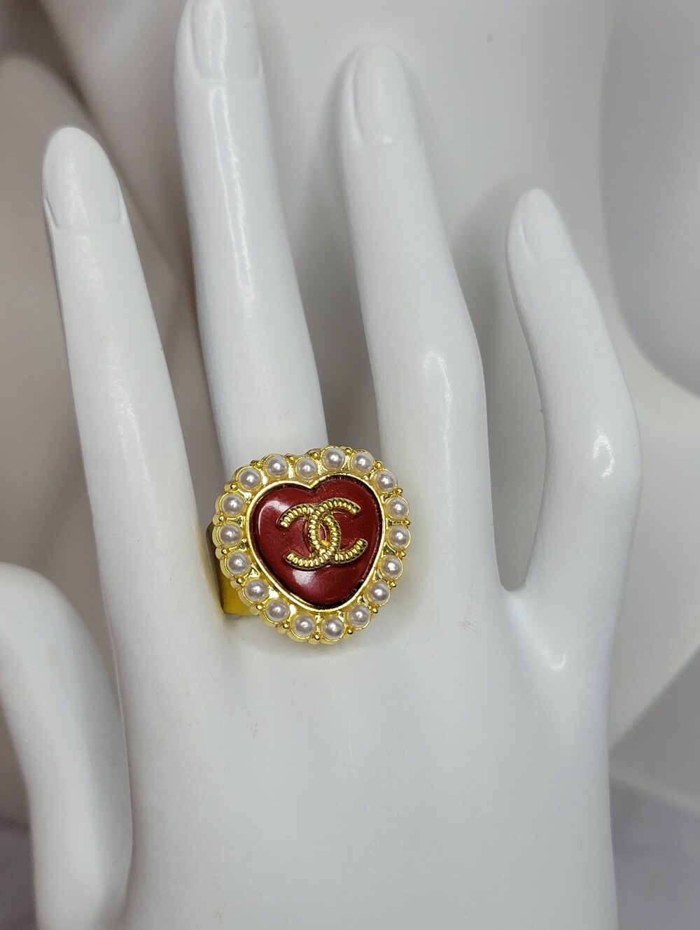 Adjustable Stainless Steel Gold-Tone CC Heart Ring Enamel and Pearl Halo